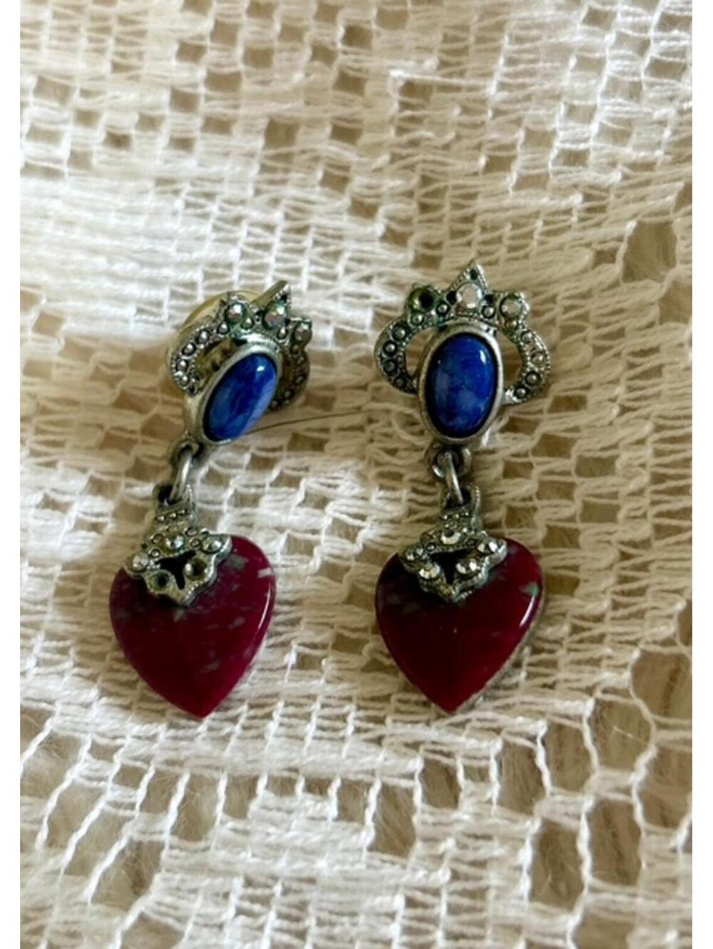 Vintage Style Heart Drop Earrings with Blue and Red Stones